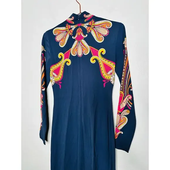 LA DOUBLEJ Navy Paisley Gold Pendant High Neck A-Line Halle Dress Size XS - Picture 15 of 16